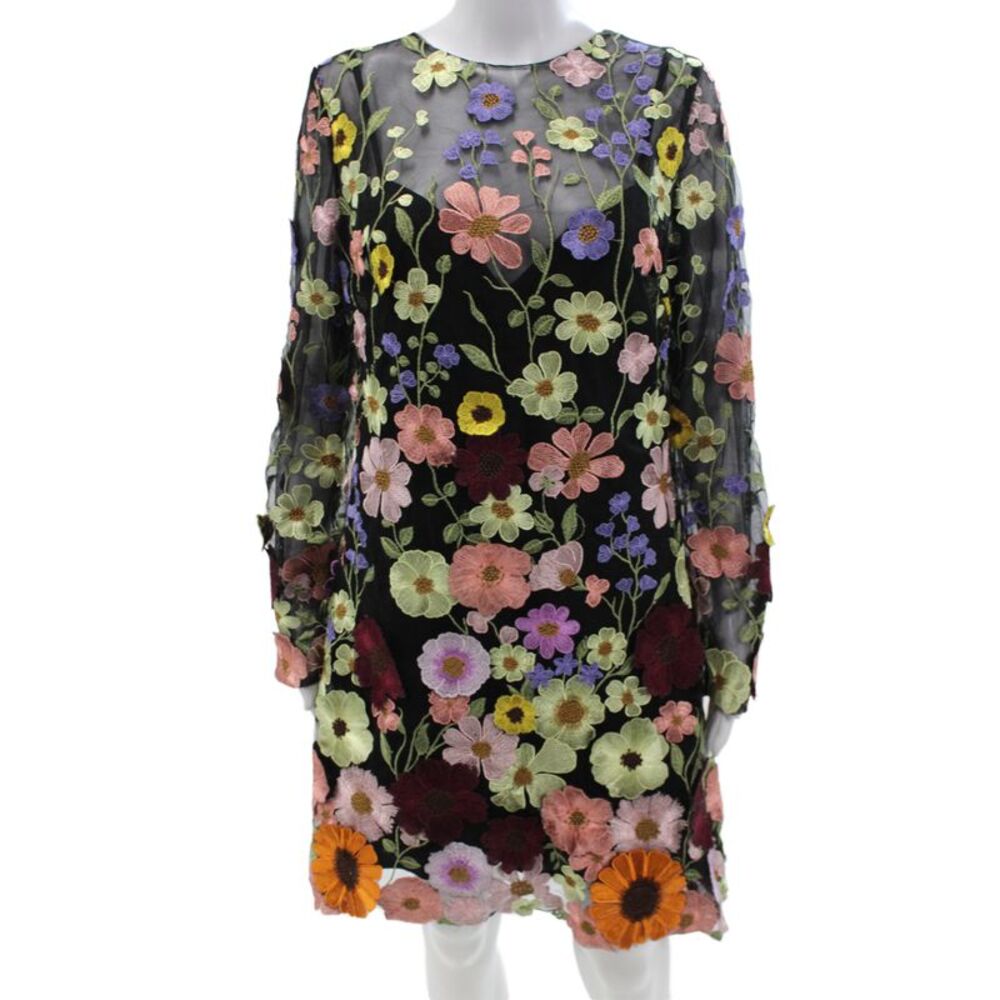 Mac Duggal Womens Shift Dress Black Floral Long Sleeve Round Neck Zip Size 10